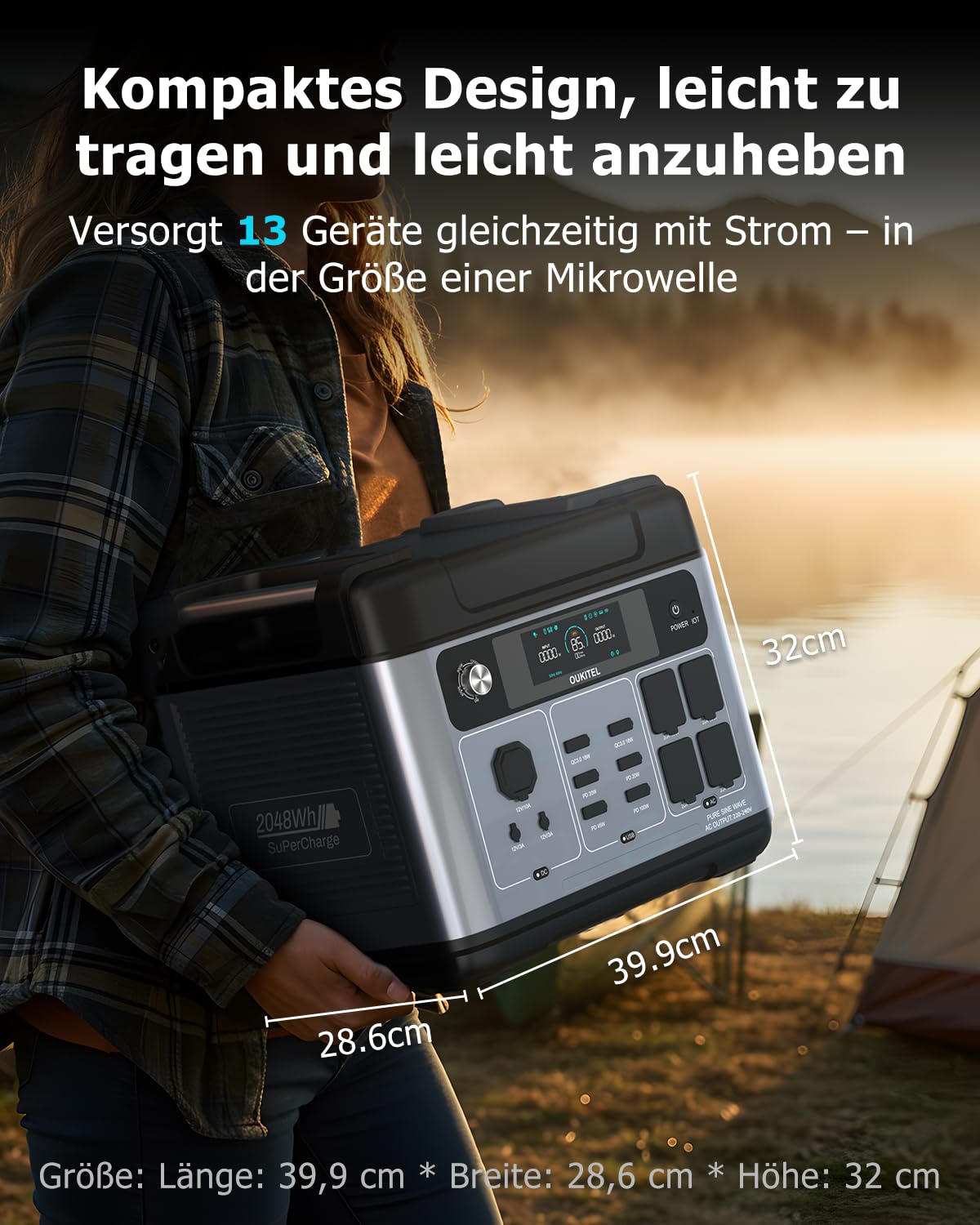 P2001 plus 2400W Tragbare Solar Generator mit 2 * 200W Solar Panel,1800W Super-schnellladung Solargenerator,2048Wh LiFePO4 Powerstation,AC Ausgabe 5000W Peak,Power Station für Notstromaggregat