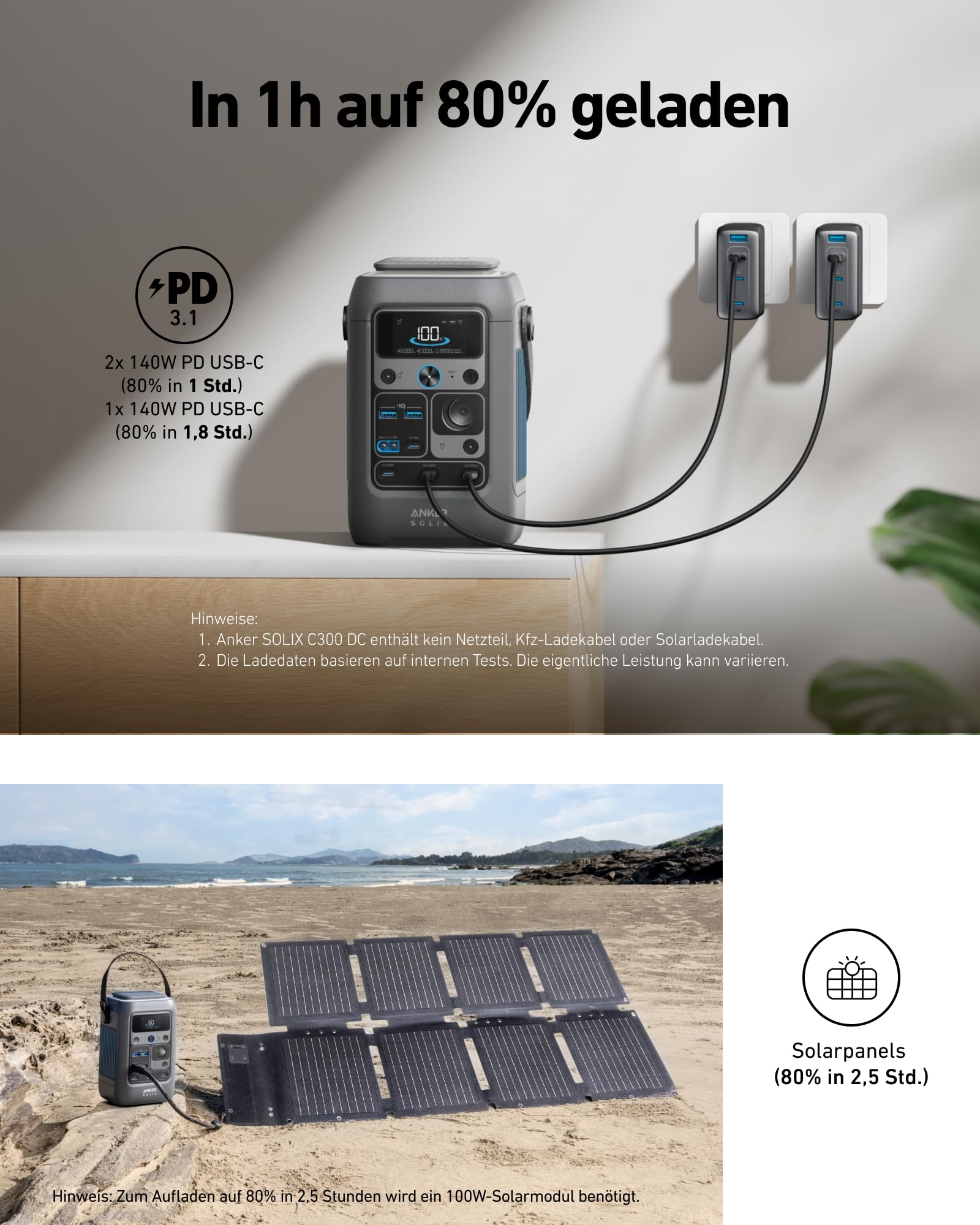 Anker SOLIX C300 DC Powerbank Powerstation, 288Wh Akku für mehrere Geräte, LiFePO4 Akku, 300W Solargenerator, Für Camping, Draußen, Reisen, Notfälle (Netzteil Nicht im Lieferumfang)