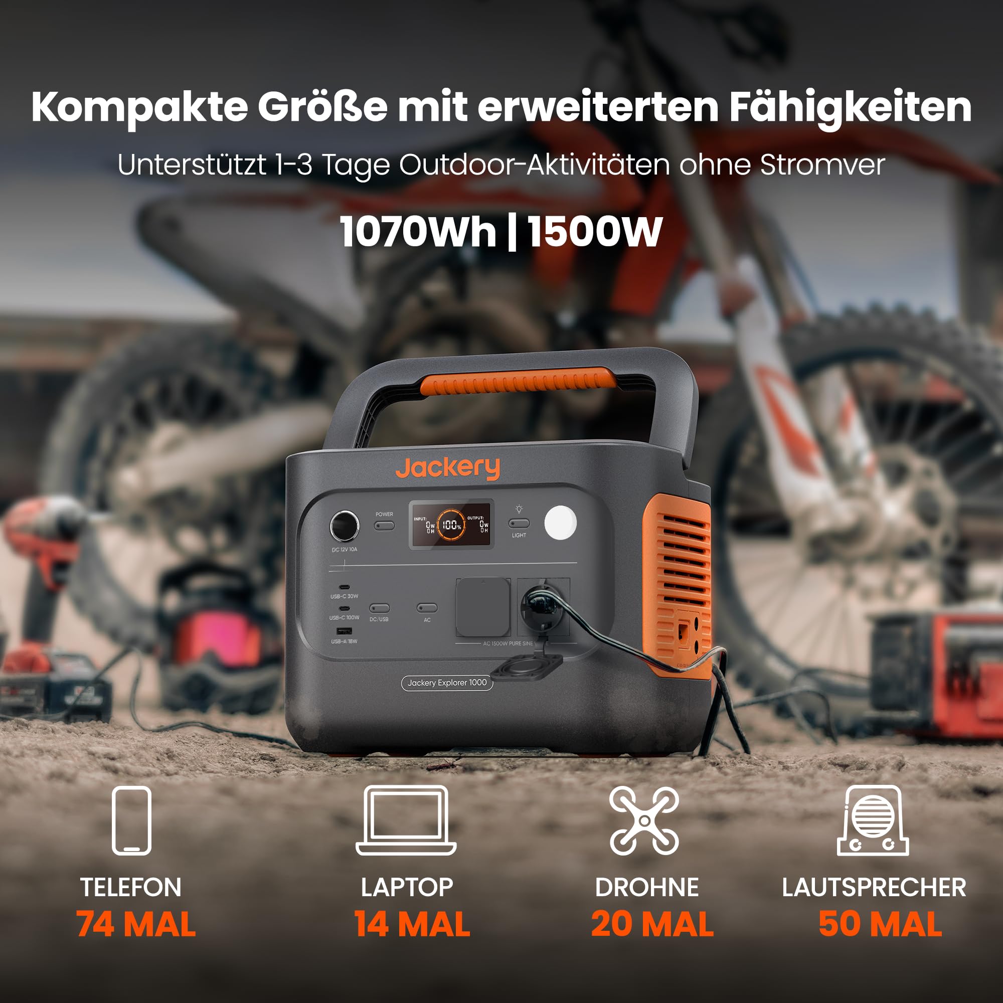 Jackery Explorer 1000 v2 Tragbare Powerstation,1070Wh LiFePO4 Solargenerator,1500W AC/100W USB-C Ausgang, 1 Std. Schnellladung, LFP Powerstation für Outdoor Camping, Wohnmobil, Notfall
