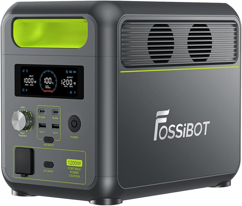 FOSSiBOT Tragbare Powerstation F1200, 1024Wh LiFePO4 Solargenerator mit 2 1200W AC (Spitze 2400W), 100W Typ-C, 0-100% Akku in 45 Min Power Station, für Camping, Wohnmobil, RV, Reisen