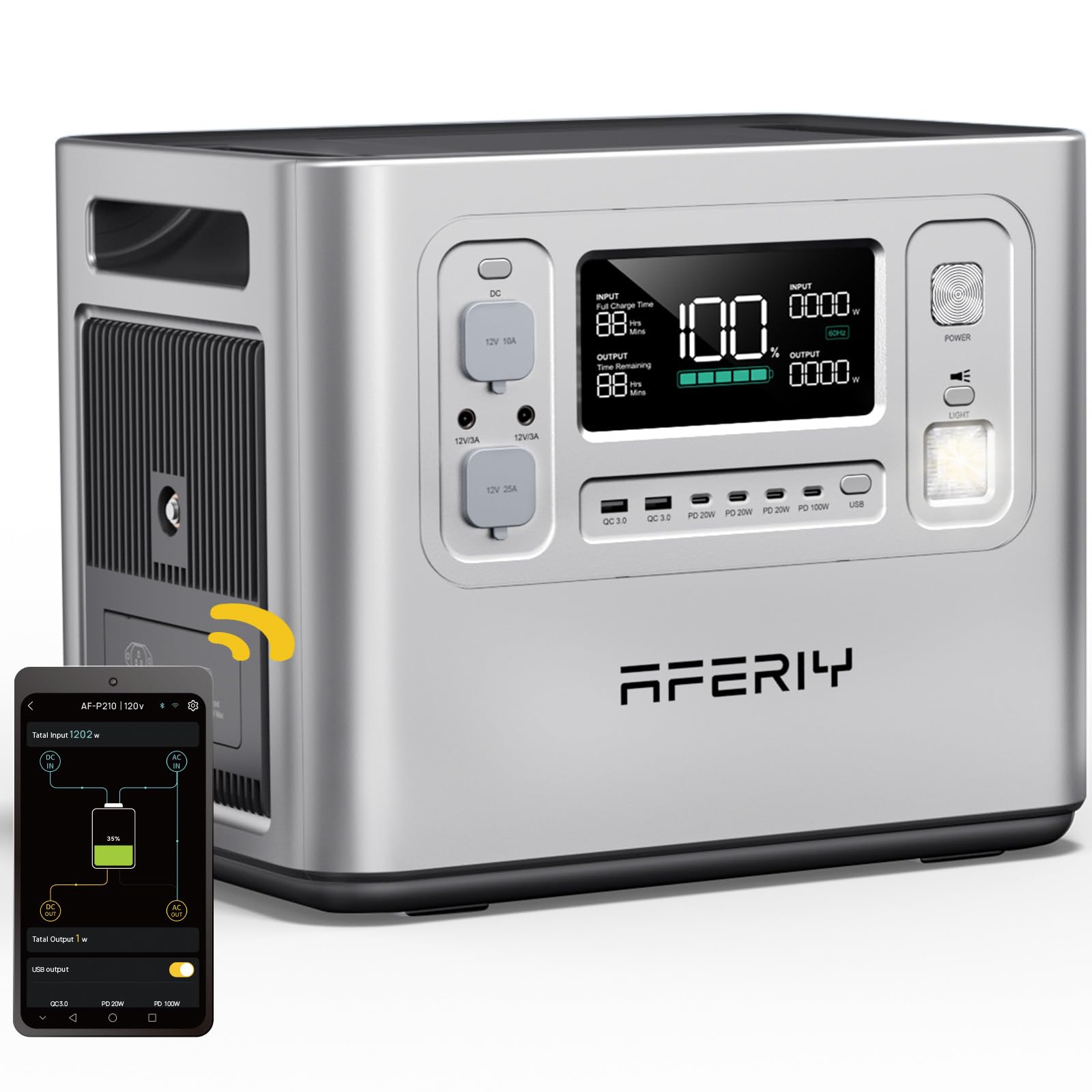 AFERIY Portable Powerstation 2400W, 2048Wh LiFePO4 Batterie, 1,5 Stunde Schnellladung, 13 Anschlüsse, Sinuswellen 230V, APP Mobile Stromversorgung für Outdoors Camping, Silber