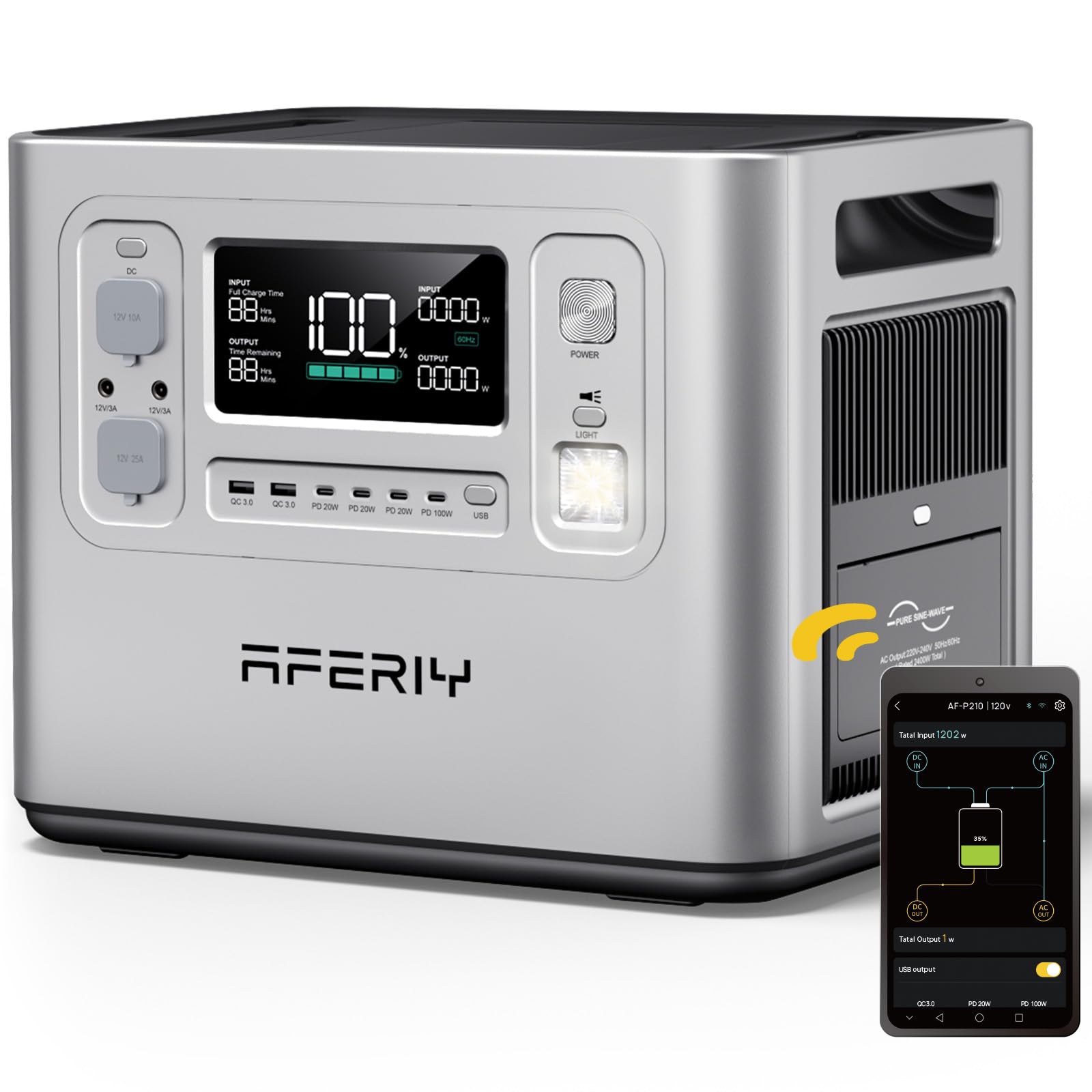 AFERIY 2400W Tragbare Powerstation, 2048Wh LiFePO4 Batterie, 1,5 Stunde Schnellladung, 13 Anschlüsse, Sinuswellen 230V, USV, APP, Mobile Stromversorgung für Outdoors Camping, Silbern