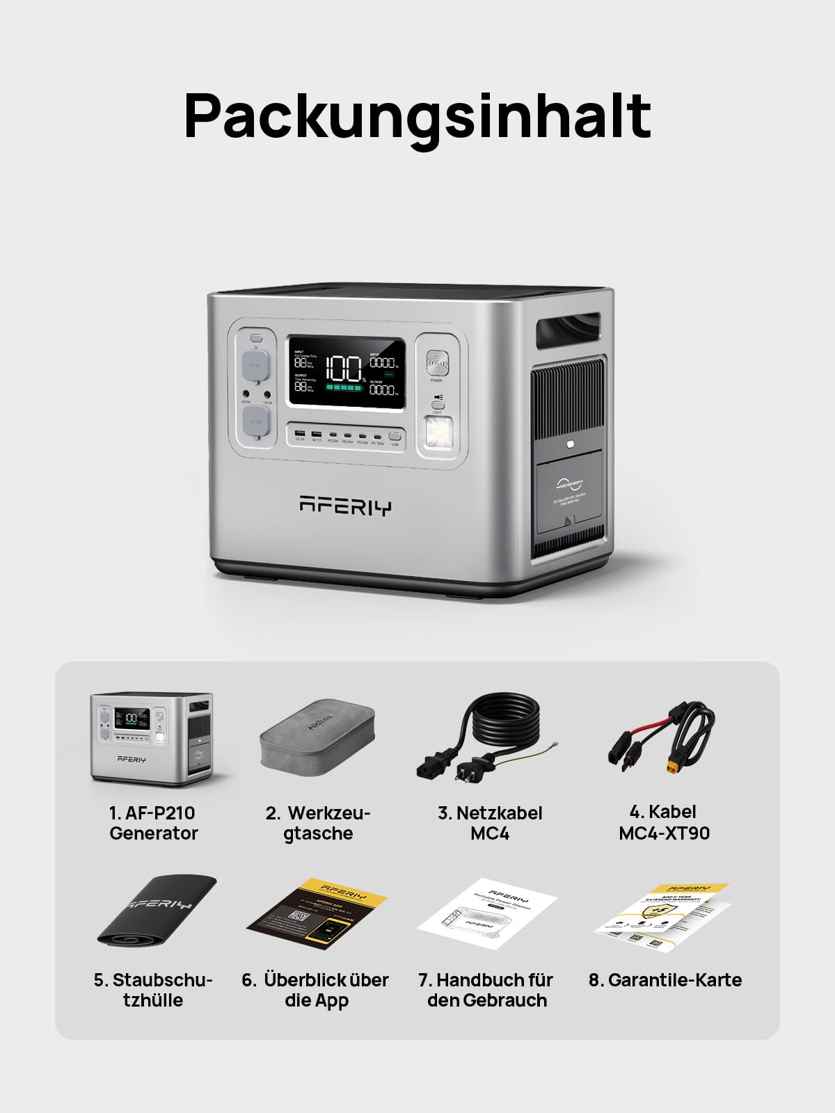 AFERIY 2400W Tragbare Powerstation, 2048Wh LiFePO4 Batterie, 1,5 Stunde Schnellladung, 13 Anschlüsse, Sinuswellen 230V, USV, APP, Mobile Stromversorgung für Outdoors Camping, Silbern