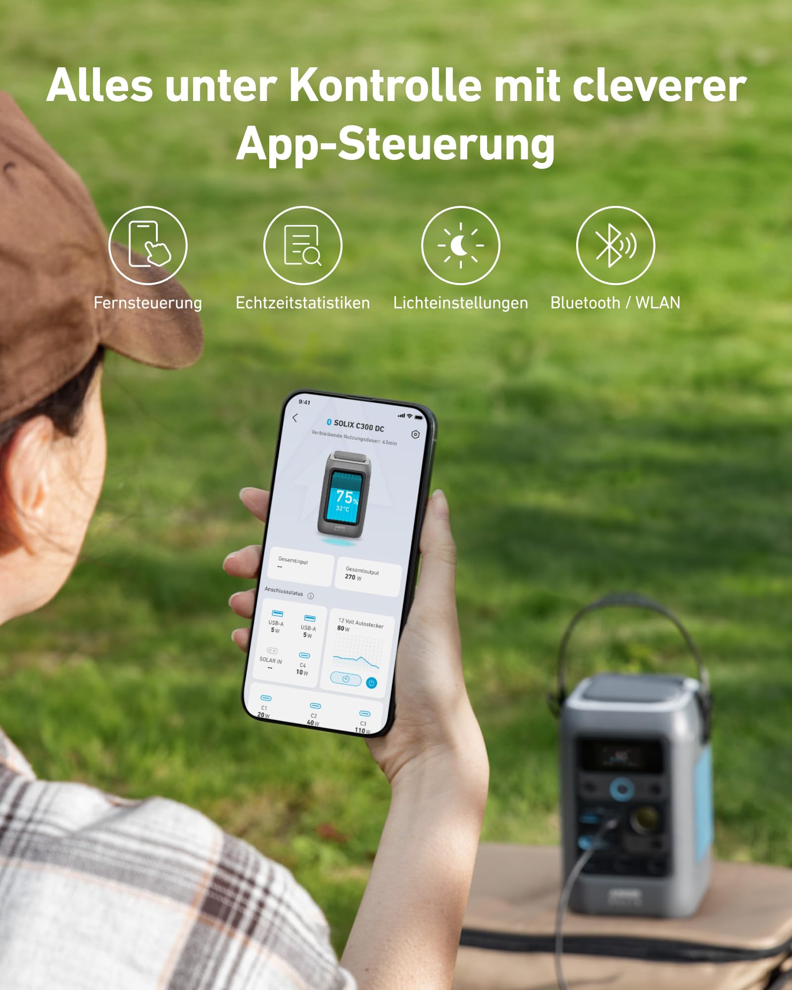 Anker SOLIX C300 DC Powerbank Powerstation, 288Wh Akku für mehrere Geräte, LiFePO4 Akku, 300W Solargenerator, Für Camping, Draußen, Reisen, Notfälle (Netzteil Nicht im Lieferumfang)