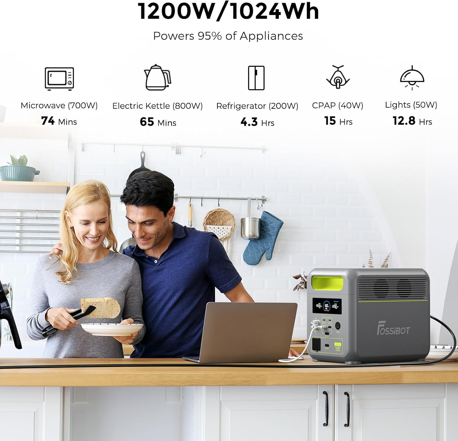 FOSSiBOT Tragbare Powerstation F1200, 1024Wh LiFePO4 Solargenerator mit 2 1200W AC (Spitze 2400W), 100W Typ-C, 0-100% Akku in 45 Min Power Station, für Camping, Wohnmobil, RV, Reisen