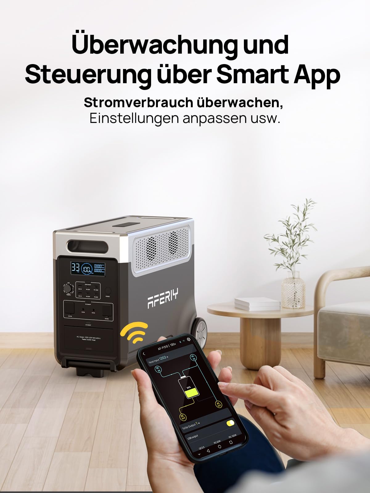 AFERIY 3600W Solargenerator, 3840Wh LiFePO4 Tragbare Powerstation mit USV, 3x230V AC Ausgang 3600W (7200W Peak), Stormerzeuger 2200W Schnelles Stromspeicher Aufladen für Reise, Outdoor-Camping