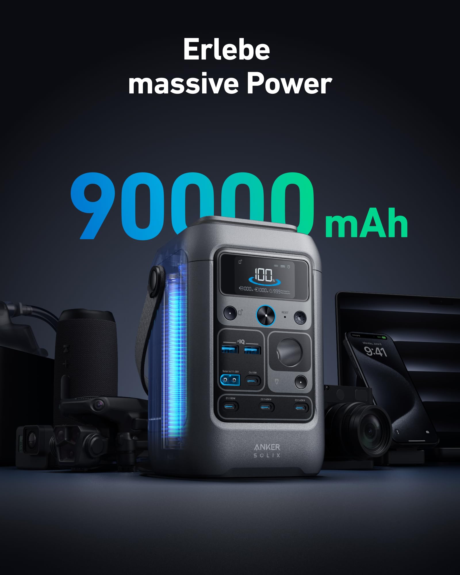 Anker SOLIX C300 DC Powerbank Powerstation, 288Wh Akku für mehrere Geräte, LiFePO4 Akku, 300W Solargenerator, Für Camping, Draußen, Reisen, Notfälle (Netzteil Nicht im Lieferumfang)