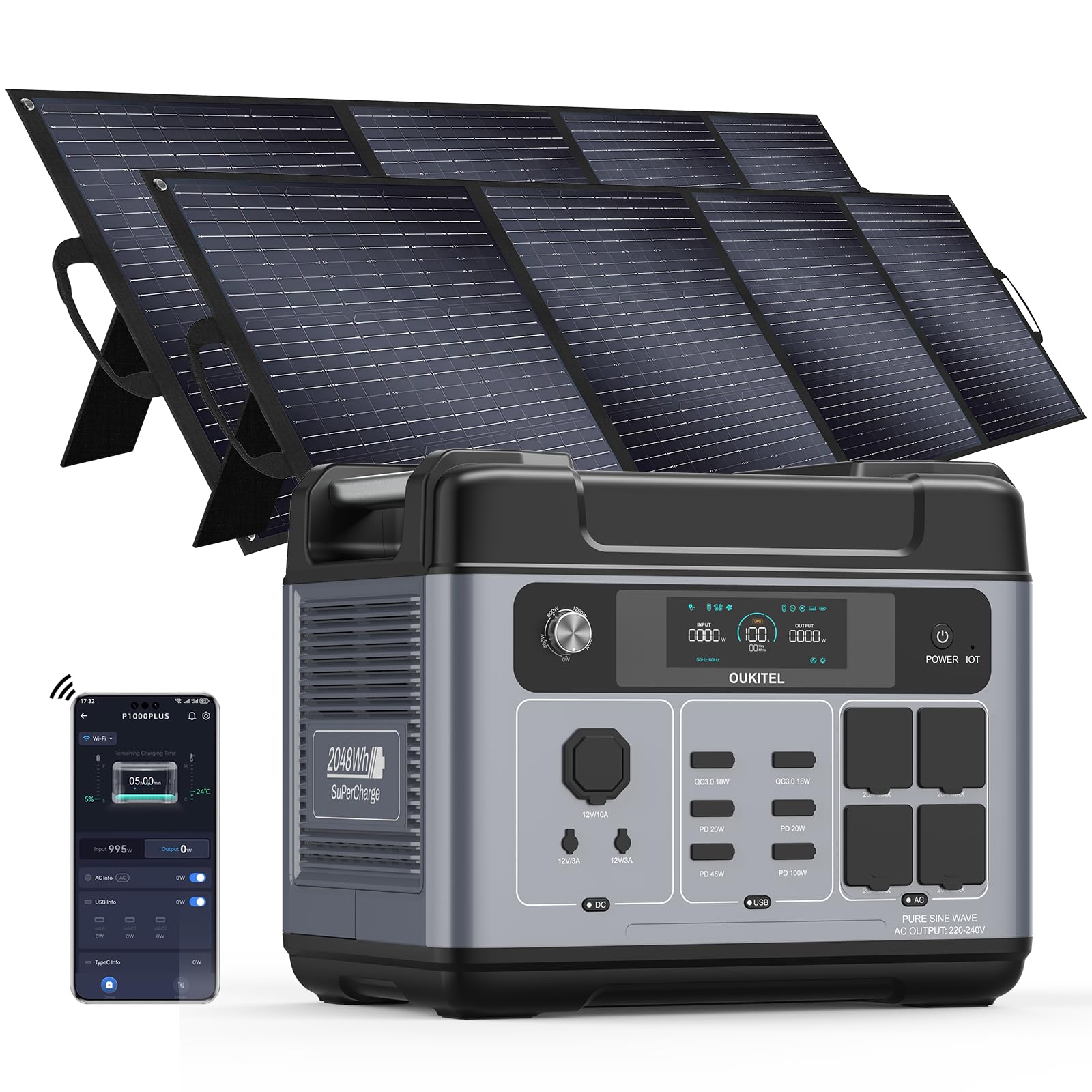 P2001 plus 2400W Tragbare Solar Generator mit 2 * 200W Solar Panel,1800W Super-schnellladung Solargenerator,2048Wh LiFePO4 Powerstation,AC Ausgabe 5000W Peak,Power Station für Notstromaggregat