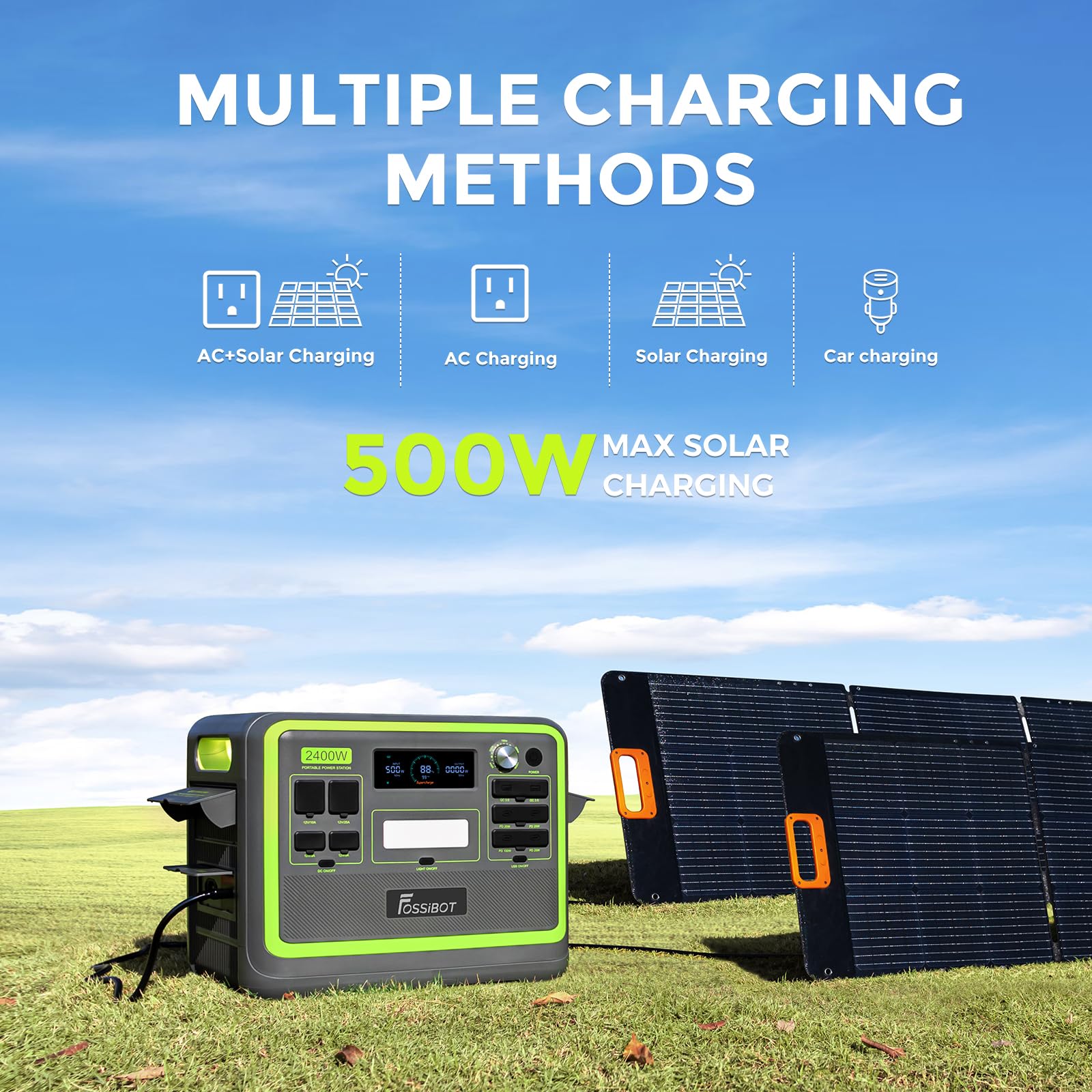 FOSSiBOT Tragbare Powerstation F2400, Solargenerator 2048Wh LiFePO4 Batterie-Backup mit 2400W 3X AC Ausgängen (4800W Peak) 230V, Power Station für Outdoor-Camping, Wohnmobil-Reisen, Hausgebrauch